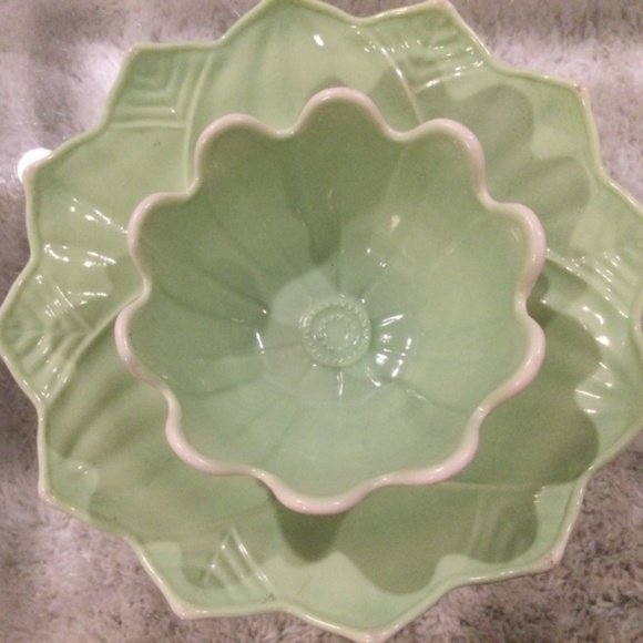 Fire King  Lotus Blossom and Leaf Bowl Plate Snack Set - Picture 2 of 11